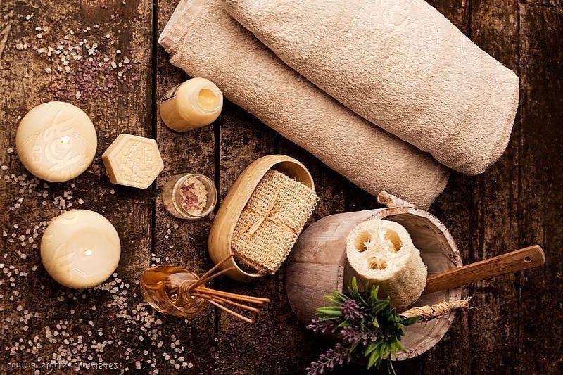 Spa tools in wooden background